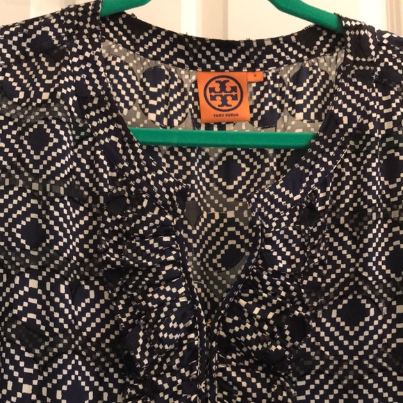 Tory Burch Ruffle Blouse Navy White Diamond Sheer Tunic Ruffle Blouse Shirt 8 - Picture 3 of 7